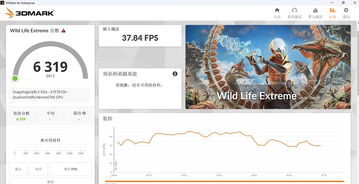 以 3DMark Wild Life Extreme 為跨平台裝置進行 DirectX 12 基準測試，在此獲得 6,319分。