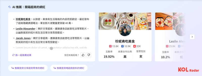 KOL Radar 發布「AI Search」新功能，以 KOL Radar 獨有 AI 技術預測使用者行為，自動推薦相關網紅並提供 AI 摘要。