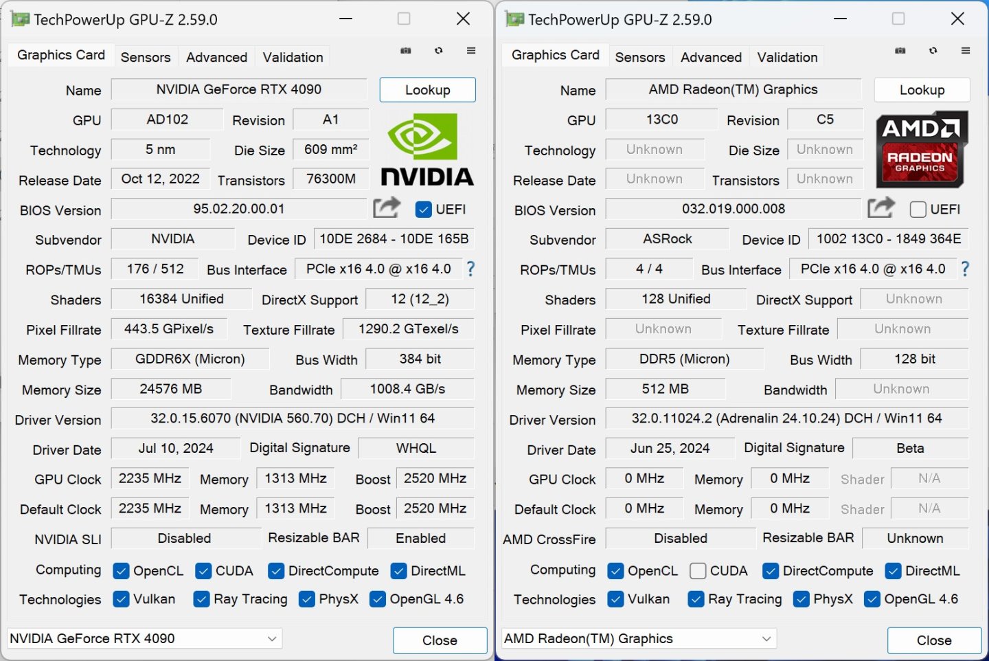 圖左為測試平台使用的GeForce RTX 4090於GPU-Z所顯示的資訊，圖右則為這2款處理器搭載的內建顯示晶片。