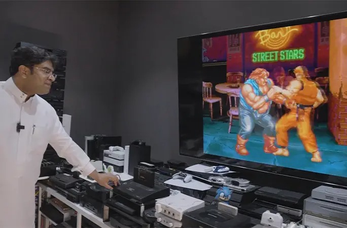 Ibrahim's TV setup with 444 game consoles