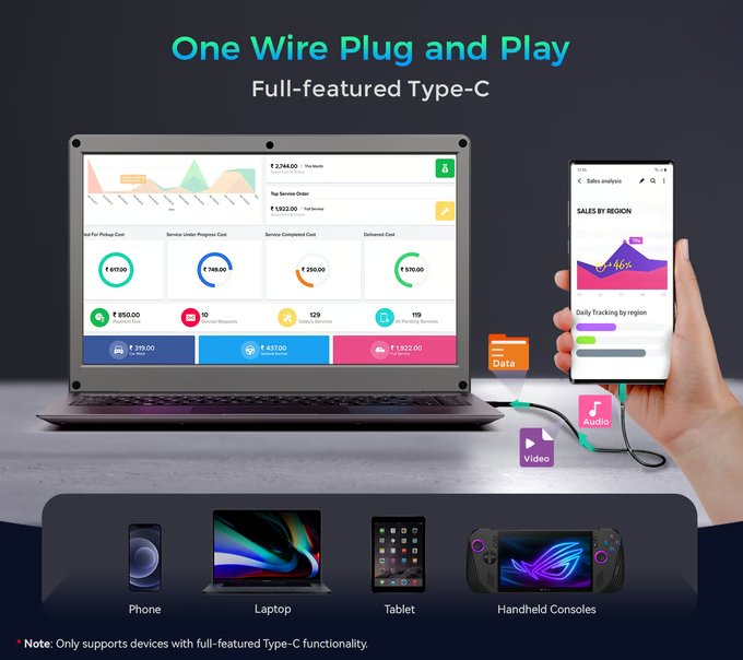 透過單一USB Type-C纜線連接智慧型手機之後，就可以將Crowview Note當作筆記型電腦。
