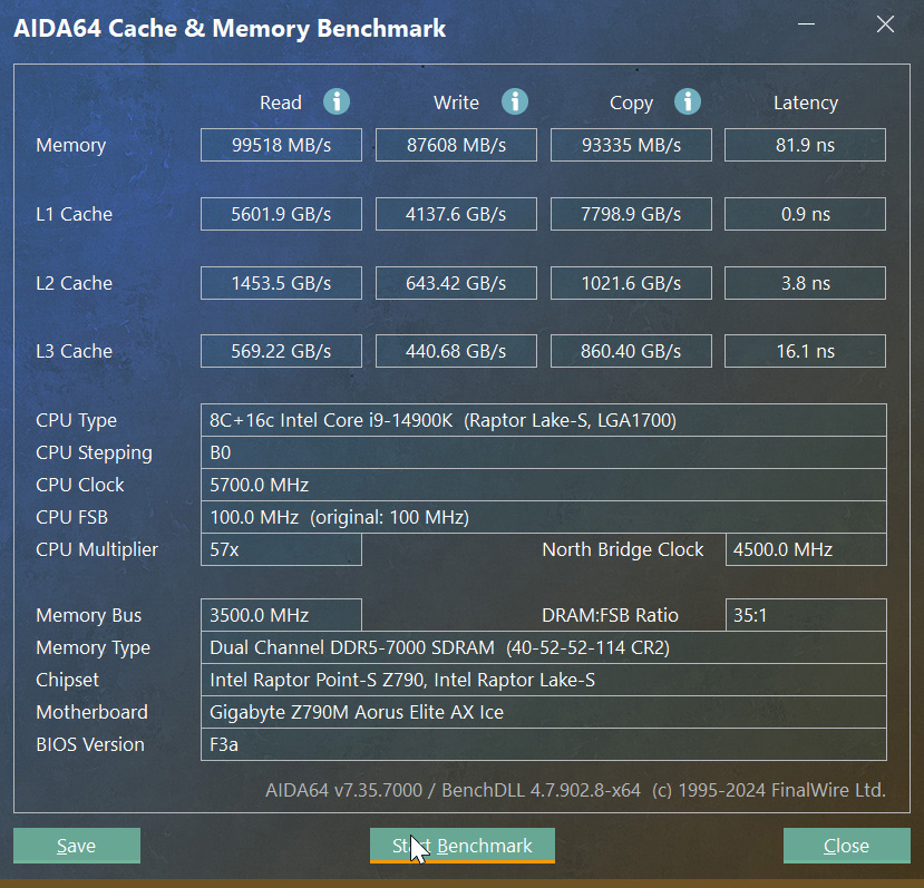 直上 DDR5-7000 後，讀取已經接近 100,000 MB/s。