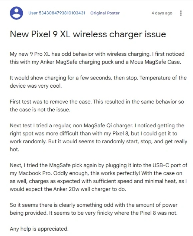 使用者抱怨Google Pixel 9 Pro XL 手機無線充電問題：無法充電、發熱、不穩定