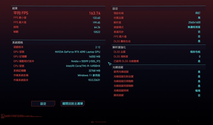 《電馭叛客 2077》來進行測試，於關閉垂直同步並將遊戲畫質自訂在「光線追蹤：最高」，且開啟 DLSS 品質為自動下，獲得119.71FPS，再啟用 DLSS 超解析度為極致性能，並開啟 DLSS 光線重構，獲得167.74FPS，成長幅度大約 37%。