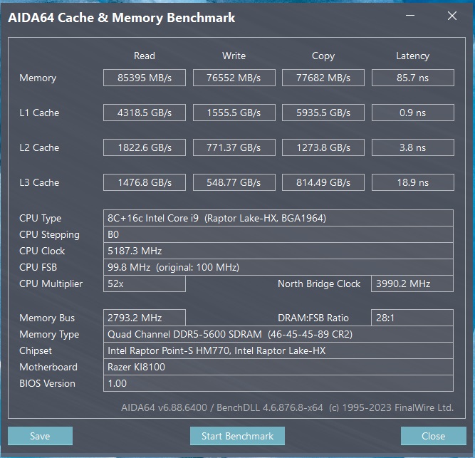 DDR 5 記憶體的效能測試結果為讀取 85,395 MB/s、寫入 76,552 MB/s、拷貝77,682 MB/s，延遲時序則為 85.7ns。