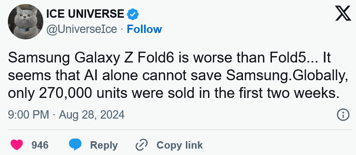 Galaxy Z Fold 6 遭爆料全球銷量明顯比Fold 5減少，AI升級卻沒有讓消費者更想買單