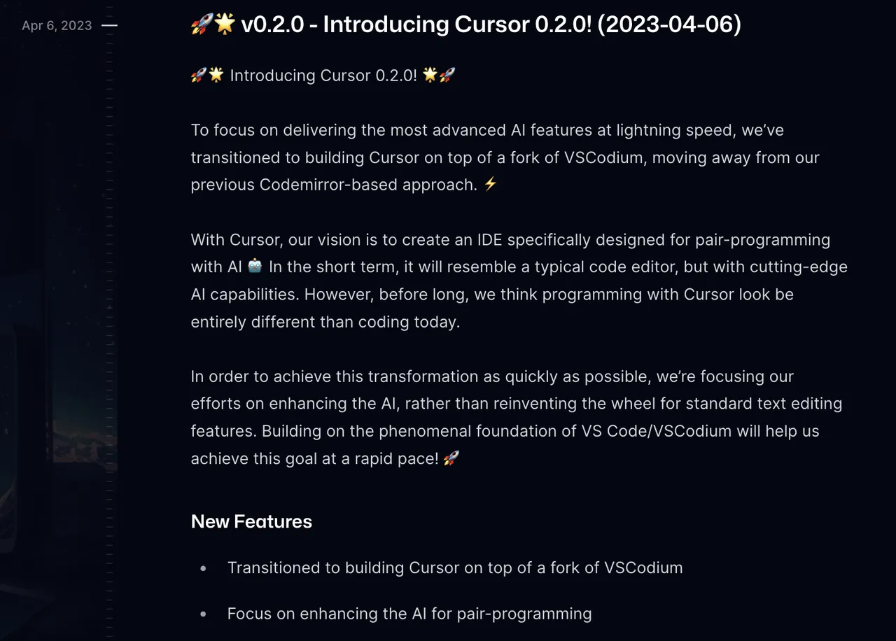 Anysphere過渡到在 VSCodium 的分叉基礎上構建 Cursor。圖片來源：Cursor官網