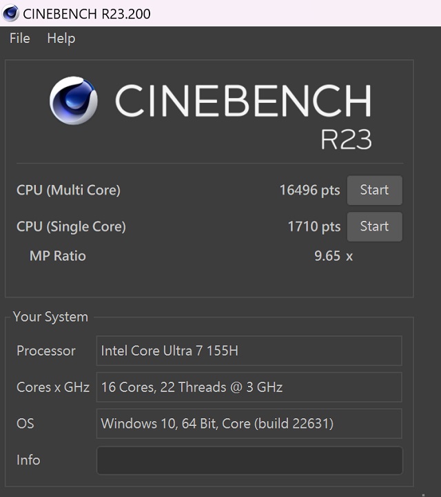 於 CINEBENCH R23 測試中，CPU 多核心約為 16,496 pts，單核心約為 1,710pts，多核、單核心的效能差距倍數為 9.65x。