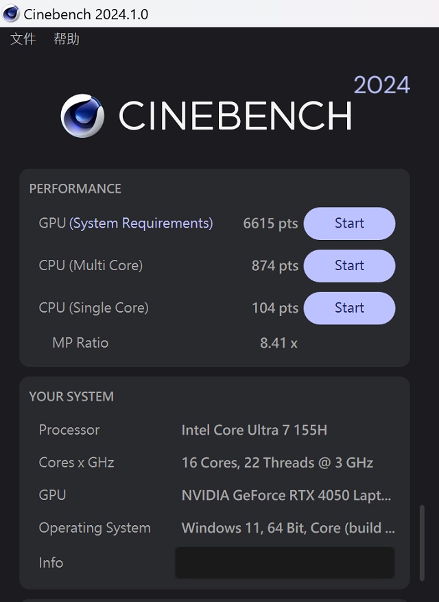 於 CINEBENCH R2024 測試中，GPU 測得 6,615pts，CPU 多核心為 874 pts，單核心為 104pts，多、單核心的效能差距倍數為 8.41x。