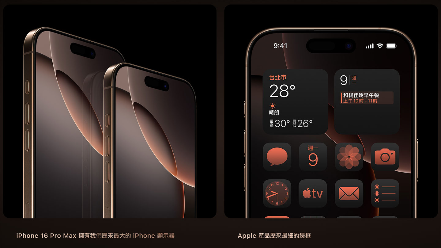 今年的 iPhone 16 Pro 系列的螢幕邊框更窄，讓螢幕尺寸大大升級，成為一大賣點。