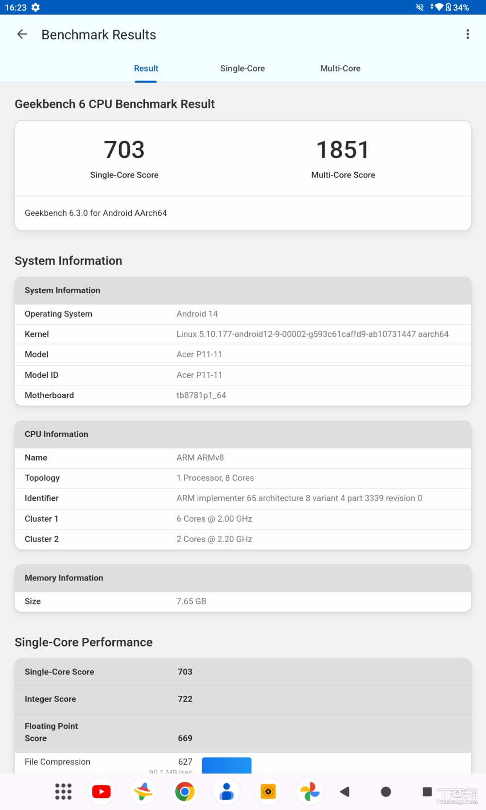 Geekbench 測試單核分數為 703 分、多核分數為 1851 分。