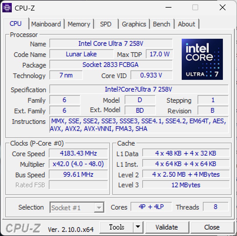 本次測試的主角Intel Core Ultra 7 258V處理器與其CPU-Z資訊。