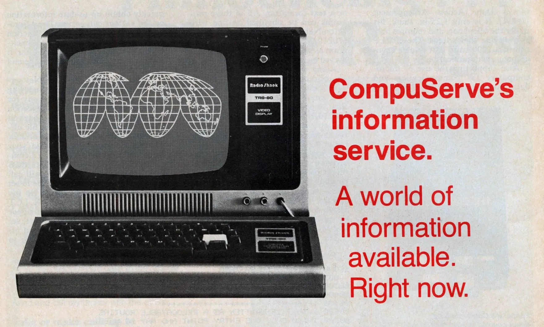 1980 年 CompuServe Information Service 的平面廣告，顯示了 RadioShack TRS-80 微型電腦的照片。