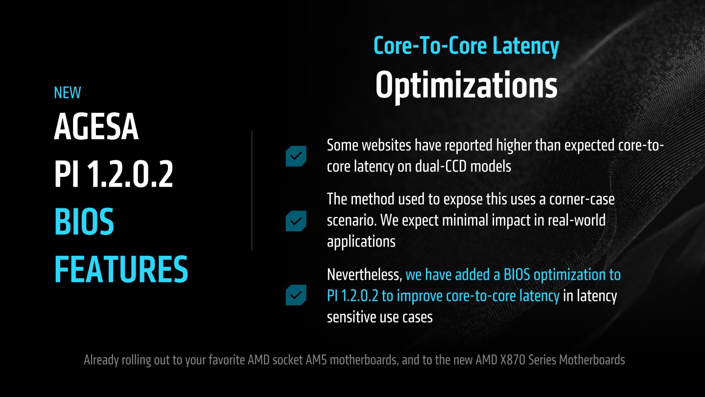 AGESA PI 1.2.0.2也改善CCD之間的資料傳輸延遲，能改善Ryzen 9 9900X、Ryzen 9 9950X等處理器的多工效能。