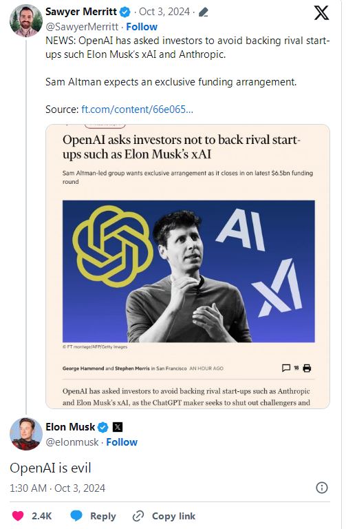 OpenAI要求投資者不要同時投資xAI等競爭對手，馬斯克不滿又開砲了