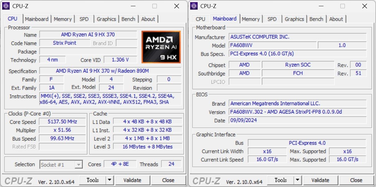 本次測試的主角AMD Ryzen AI 9 HX 370處理器與主機板之CPU-Z資訊。