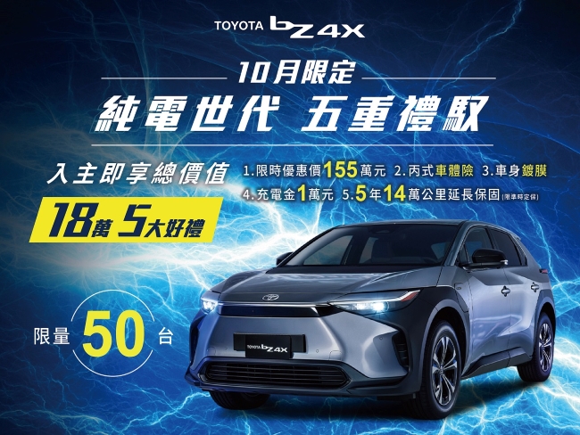 TOYOTA bZ4X「純電世代 五重禮馭」限時限量 50 台，優惠總價值高達 18 萬