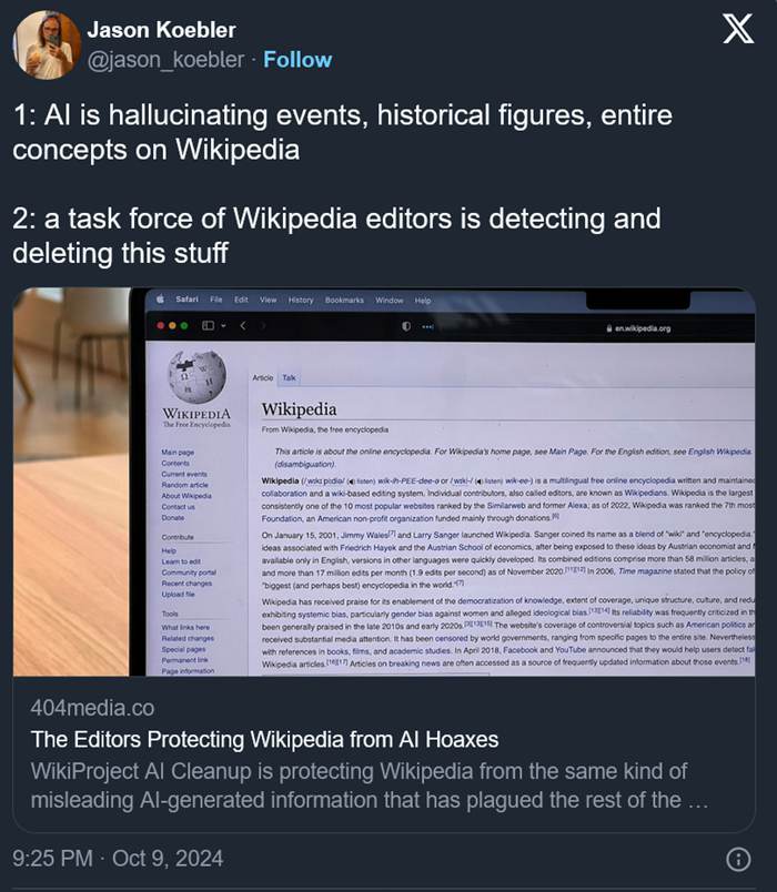 維基百科正遭不斷發佈的AI生成荒謬文章攻擊，只能靠人工來清理