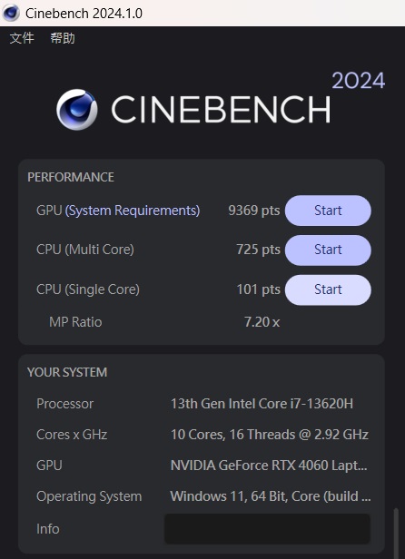 於 CINEBENCH 2024 測試中，GPU 為 9,369 pts，CPU 多核心為 725 pts，單核心為 101pts，多、單核心的效能差距倍數為 7.02x。