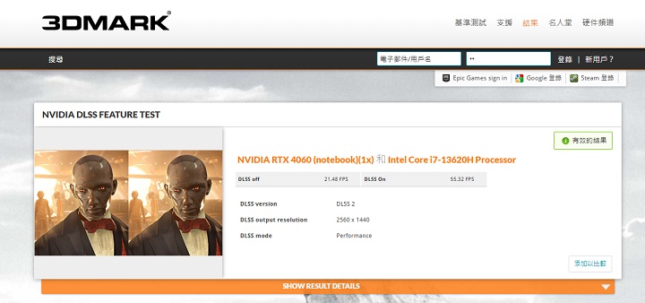 在 3DMark NVIDIA DLSS feature test 用來針對 DLSS 3 功能測試中，在 DLSS off 下為 21.48fps，DLSS on 則是55.32fps 的表現。