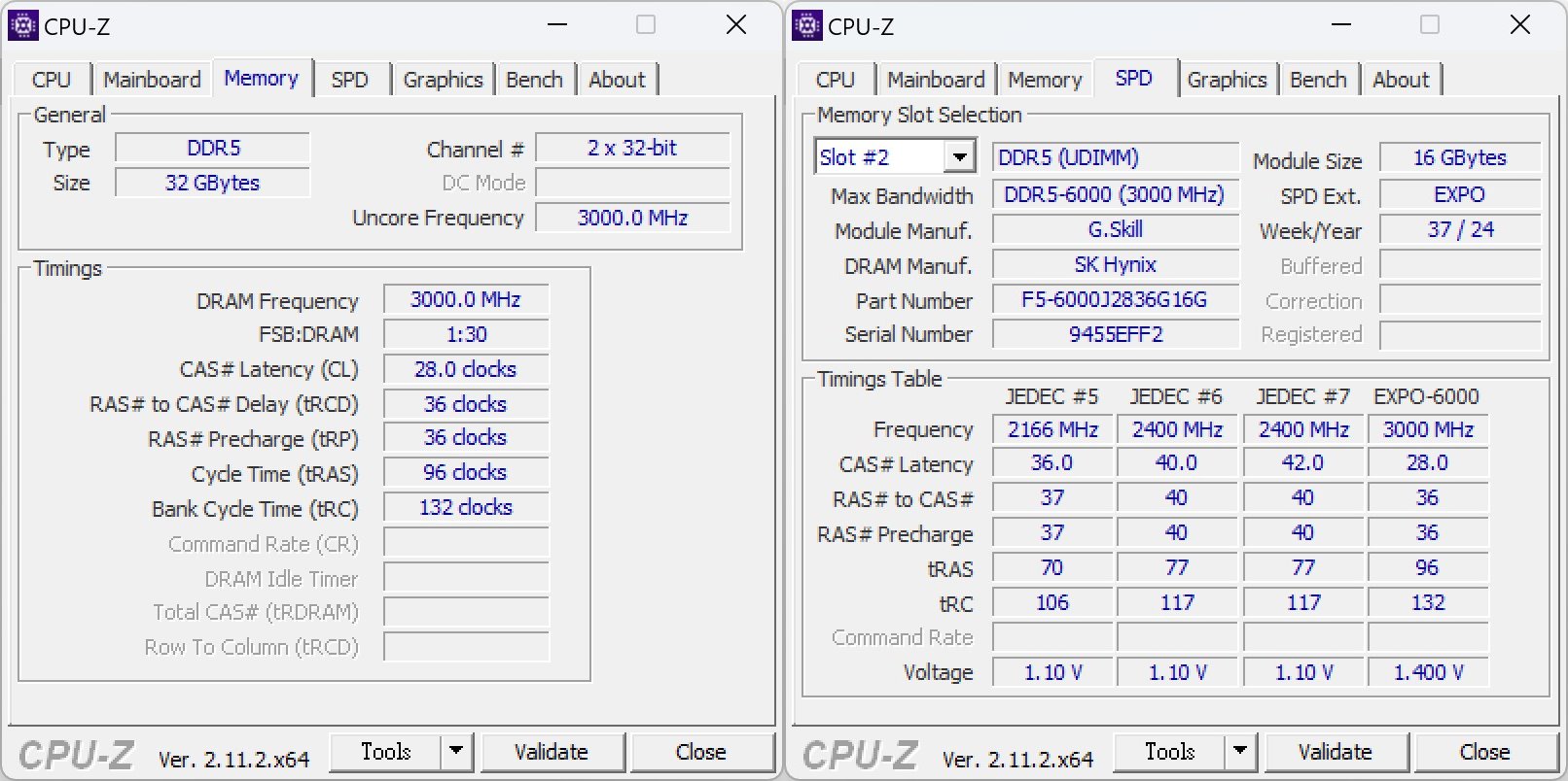 記憶體之CPU-Z資訊，運作速度為DDR5-6000，但CL值為比先前緊的28。