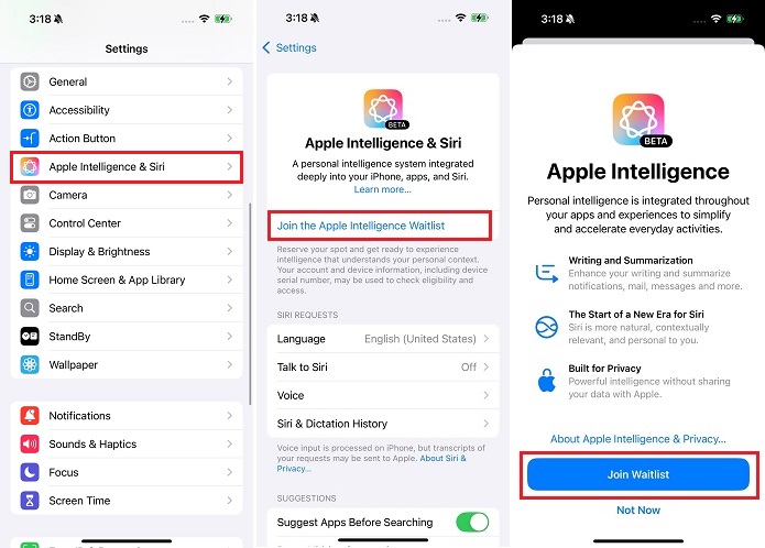 回到「Settings」頁面，找到「Apple Intelligence & Siri」，接著點選「Join the Apple Intelligence Waitlist」選項。再於出現的視窗中，選擇「Join Waitlist」，加入等候名單