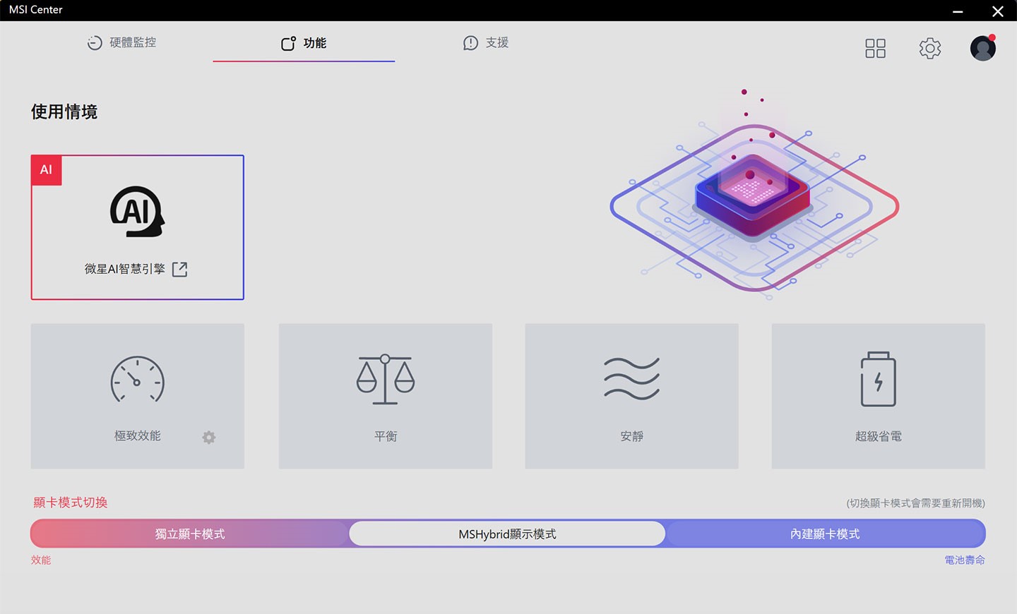 MSI Center 的「使用情境」功能可以自由切換顯卡運行的模式，預設值為自動切換整合 GPU 與獨立 GPU的「MSHybrid 模式」，若想追求最大效能也可切換至「獨立顯卡模式」。