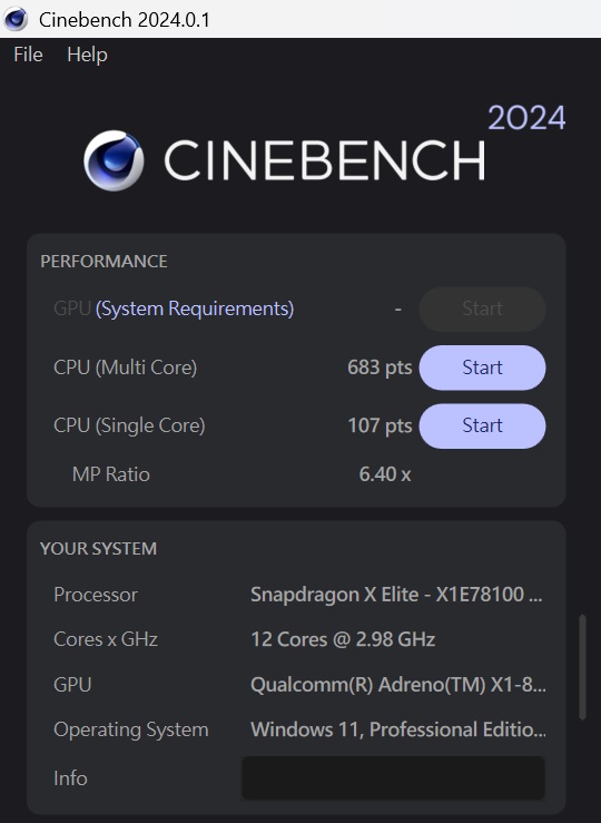 於 CINEBENCH R2024 測試中，CPU 多核心為 683 pts，單核心為 107pts，多、單核心的效能差距倍數為 6.40x。