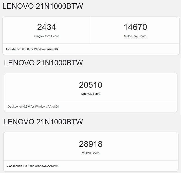 利用 Geekbench 6 進行測試，在單核心部分獲得 2,434 分，多核心獲得 14,670 分。於 OpenCL 測試獲得的分數為 20,510 分，以 Vulkan 測試獲得的分數為 28,918 分。