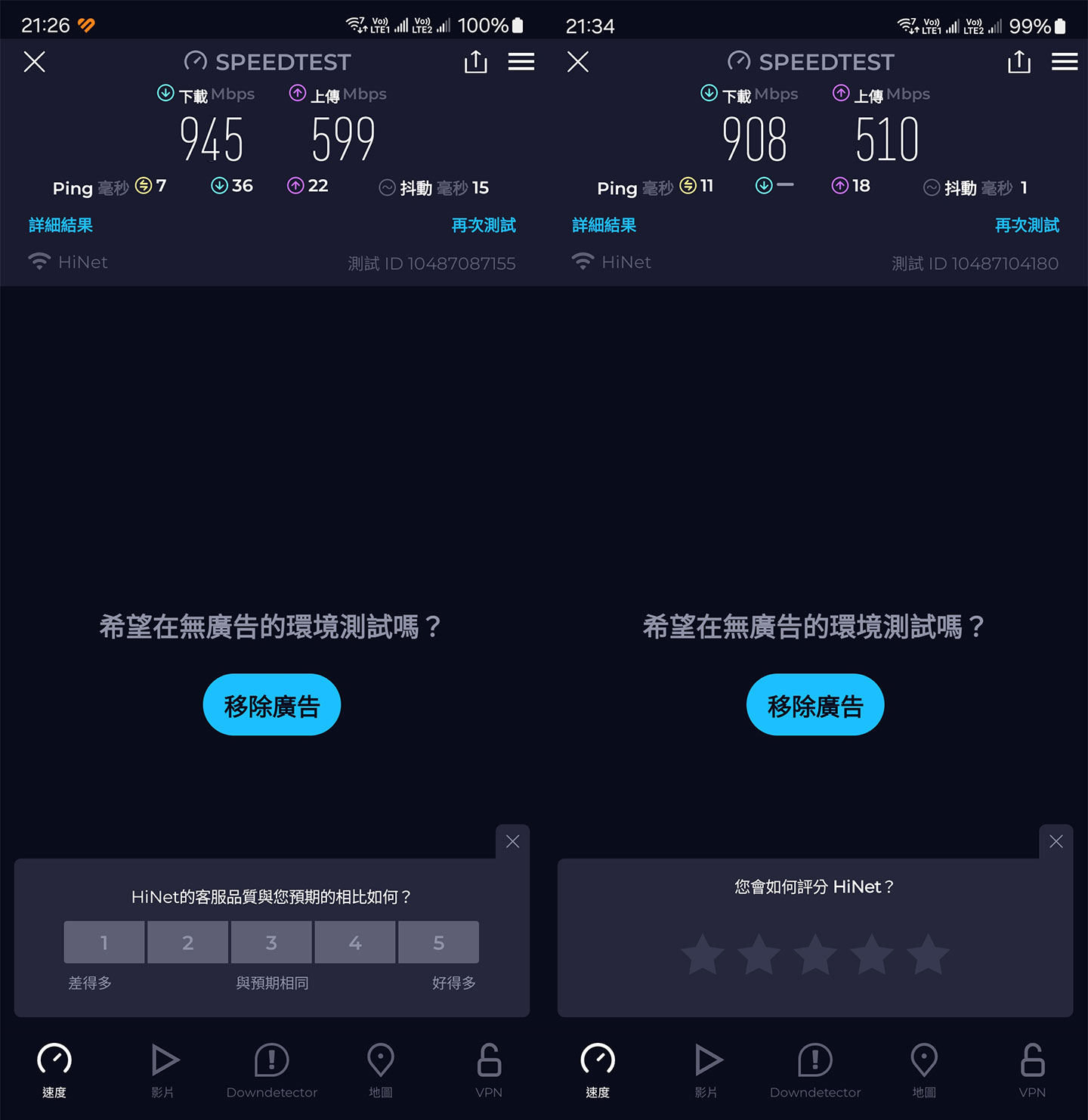 上圖為樓層一測速點 A（圖左）與測速點 B（圖右）的 SpeedTest 實際測速結果，均可達到接近固網「滿速」的效能表現。