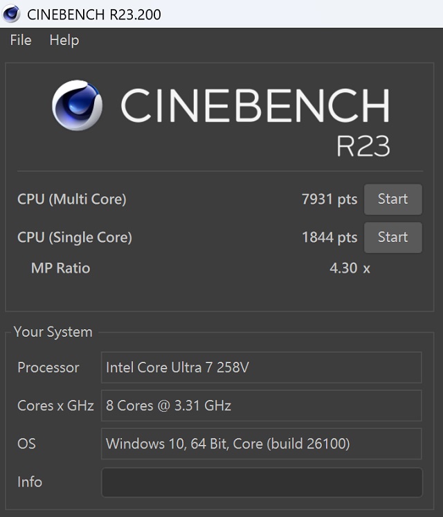 於 CINEBENCH R23 測試中，CPU 多核心為 7,931 pts，單核心為 1,844pts，多、單核心的效能差距倍數為 4.3x。