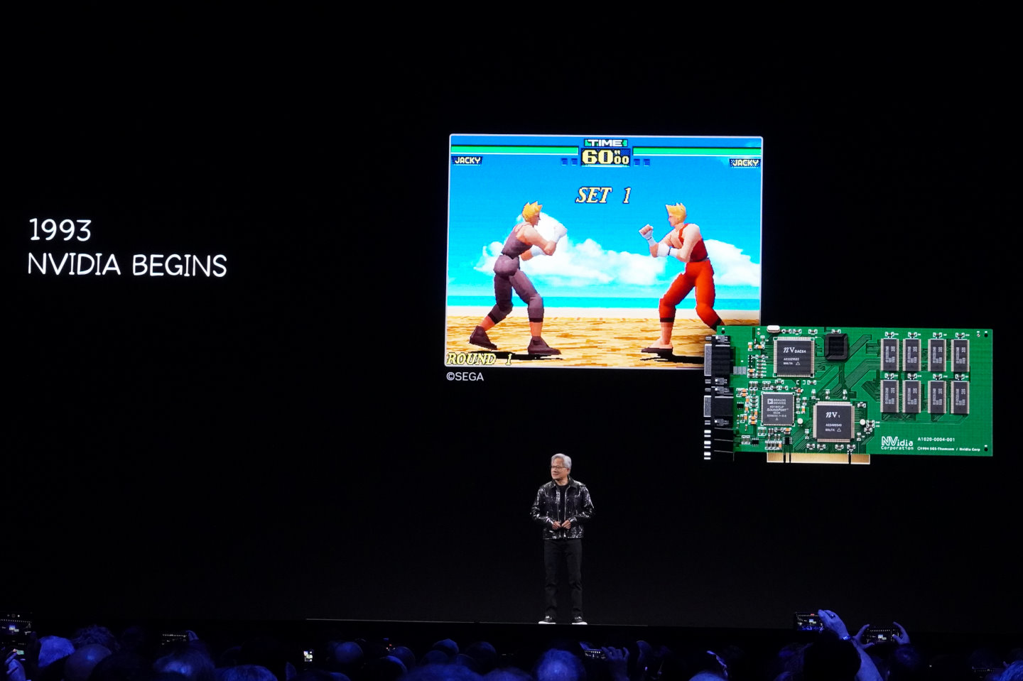 黃仁勳以NVIDIA於1993年成立,並研發NV1圖型加速器做為主題演說開頭。由SEGA公司開發的遊戲《VR快打》為第1款使用CUDA前身「UDA」架構的程式。
