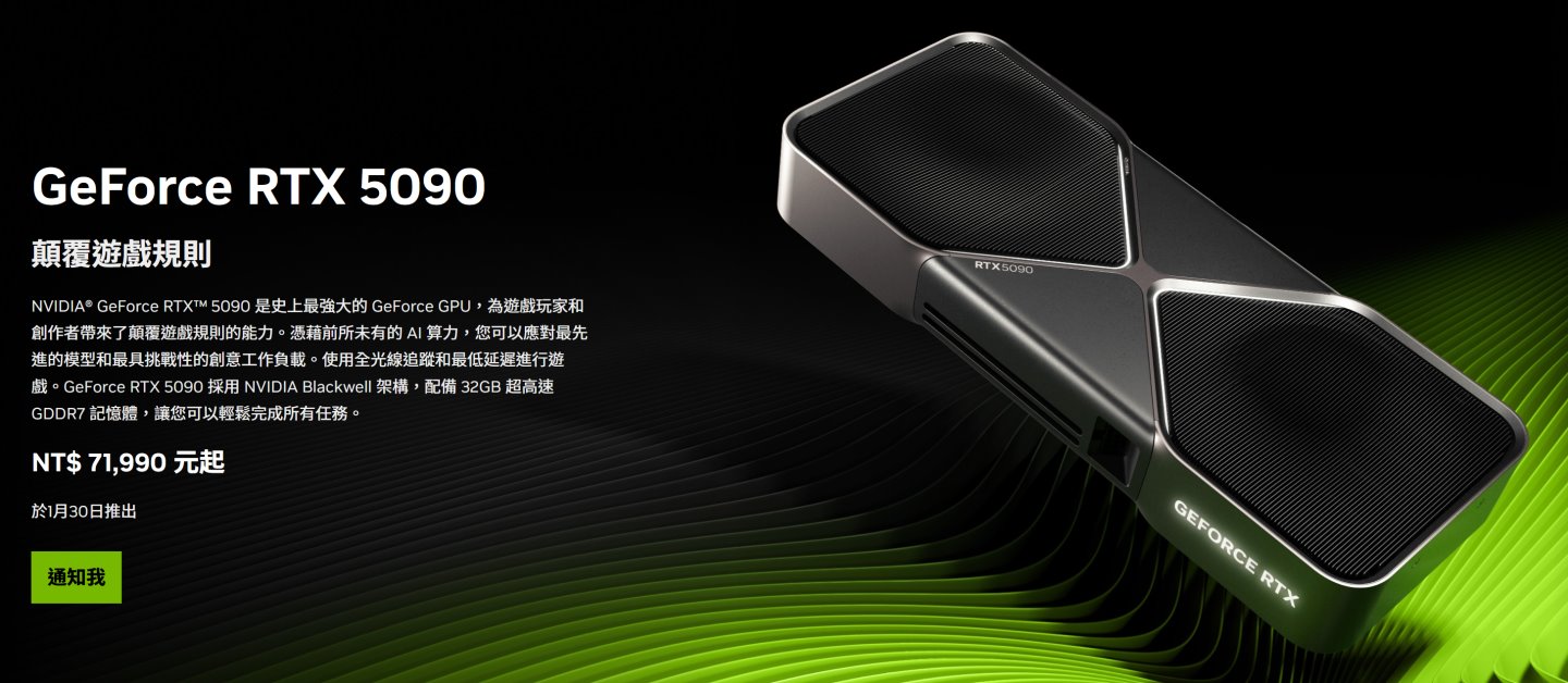台灣官方網站公布GeForce RTX 5090定價為新台幣71, 990元,預計於2025年1月3 0日上市。