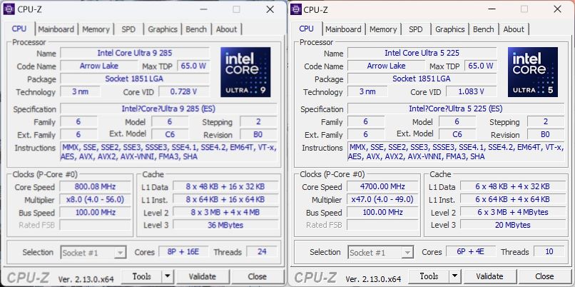 測試的處理器為Core Ultra 9 285、Core Ultra 5 225之工程樣品,可看到型號尾端標示(ES),步進(Stepping)與版本(Reversion)皆為2、B0。