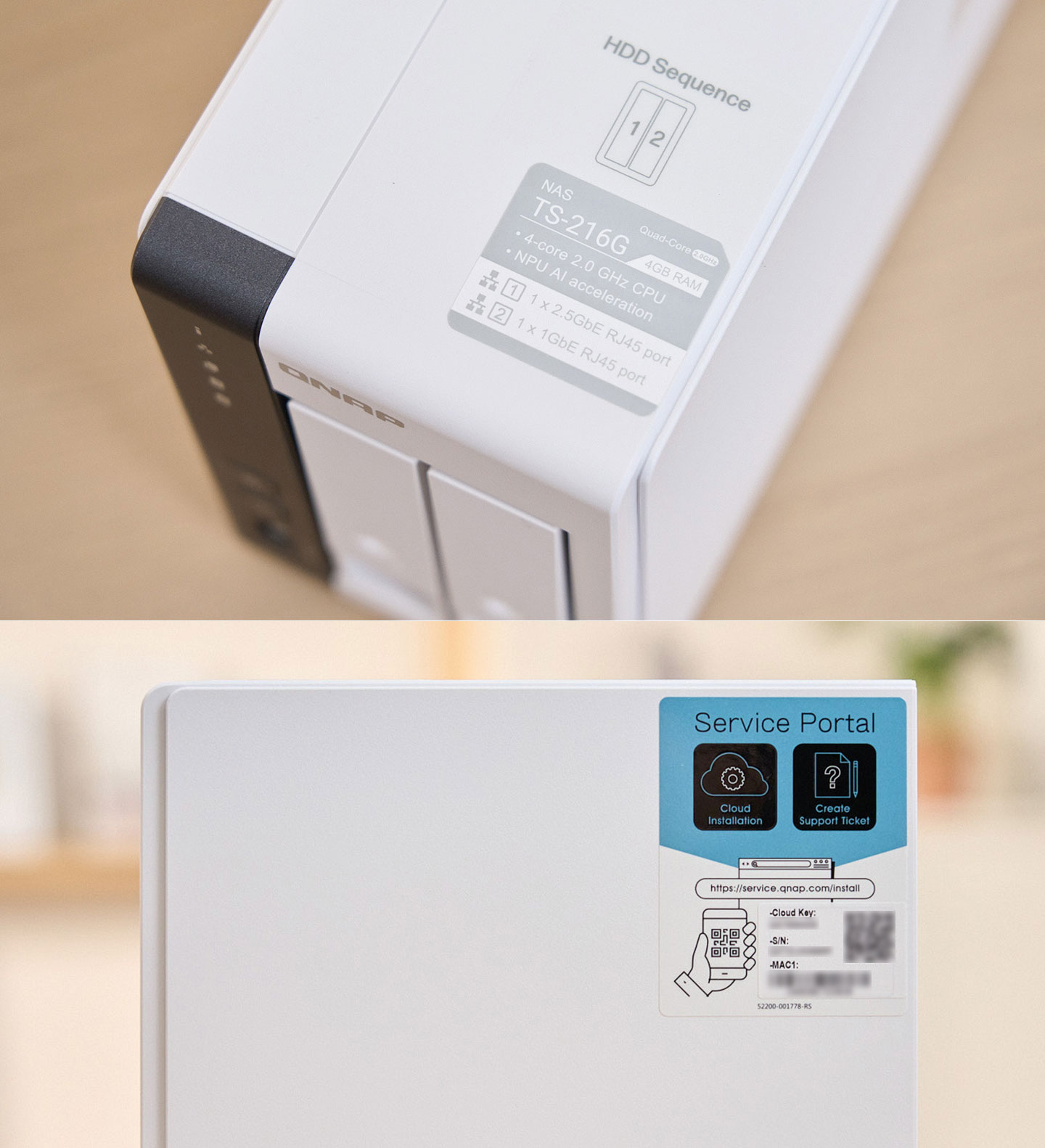 機身頂部可以看到 NAS 的重點規格標示，側面則有雲端安裝的提示，以及對應安裝的 Cloud Key。