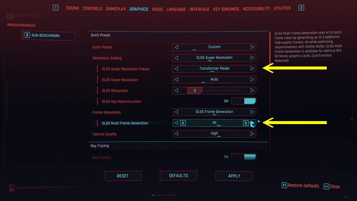 《電馭判客2077》的效能測試模式使用4K解析度搭配Ray Trace Overdrive畫質模式，將DLSS超解像度模型切換為Transformer，DLSS畫格生成設定為4X。