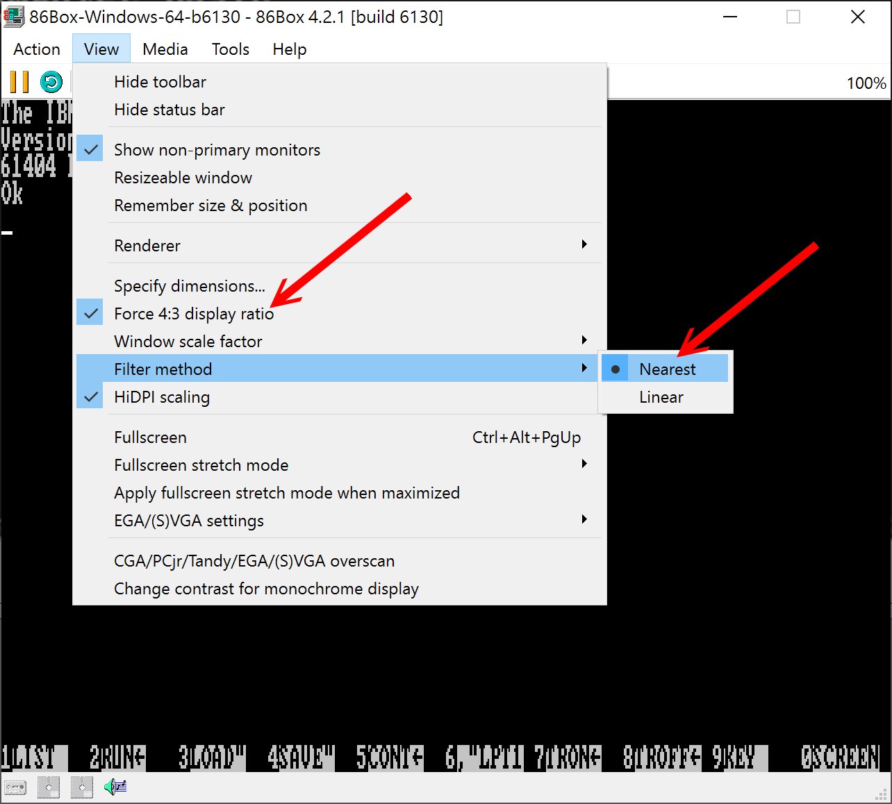 建議可以點選View選單並勾選「Force 4:3 display ratio」、「Filter method ->Nearest」,強制4:3顯示比例與鄰近像素放大演算法。