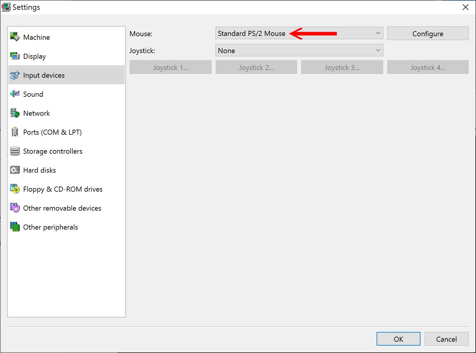 Input頁面將Mouse(滑鼠)設定為Standard PS/2 Mouse。
