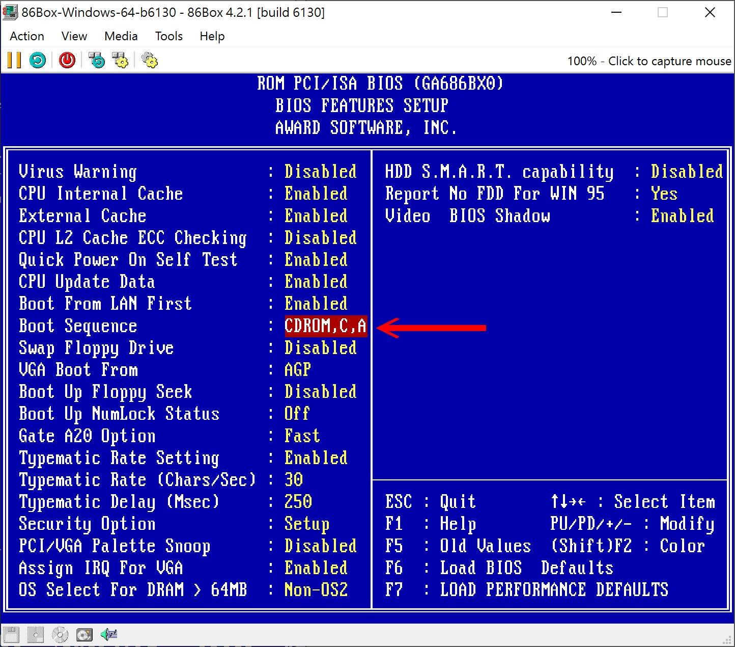 將游標移到Boot Sequence,透過+、-鍵調整設定為「CDROM,C,A」,以透過Windows 98系統光碟開機。