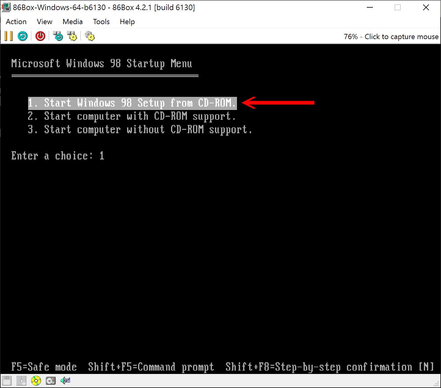 接下來選擇「Start Windows 98 Setup from CD-ROM」,啟動安裝程式。
