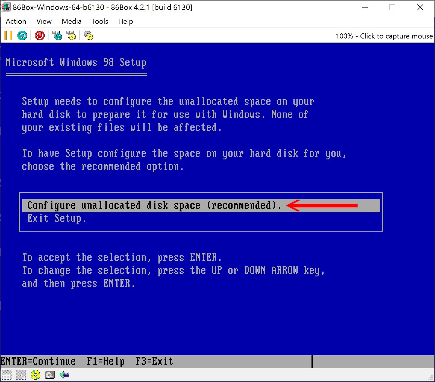 由於我們先前尚未對模擬電腦的硬碟初始化,所以選擇「Configure unallocated disk space」。