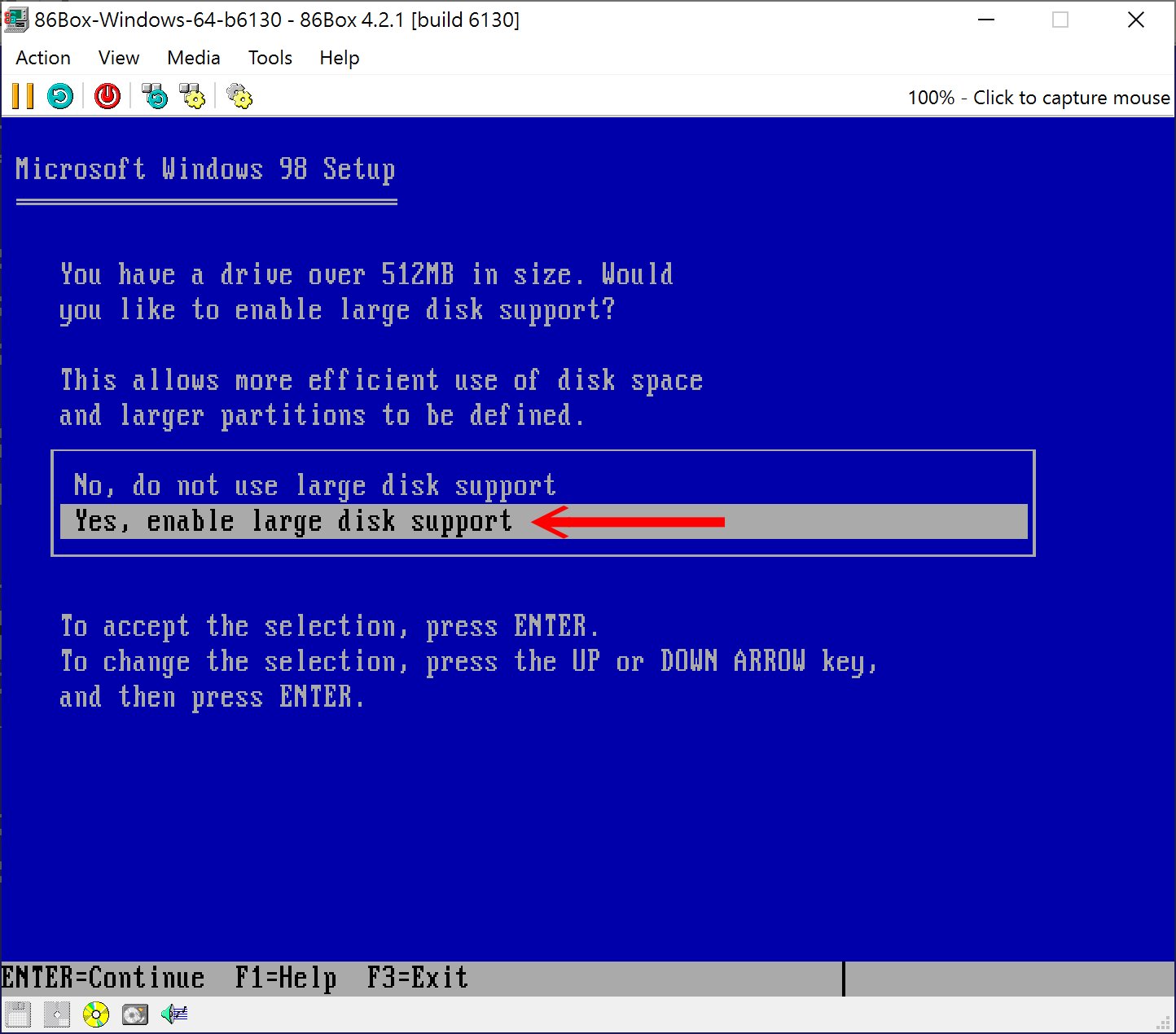 接著選擇「Yes, enable large disk support」啟用支援512 MB以上之硬碟。