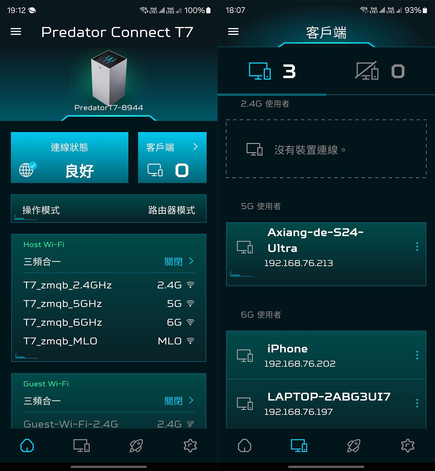 進入裝置後可在儀表板看到裝置運作的狀態、連結設備數量、操作模式與 SSID 清單…等資訊，下方則可切換至用戶端列表，APP 會依照設備連結頻段的不同來分類設備，方便管理。