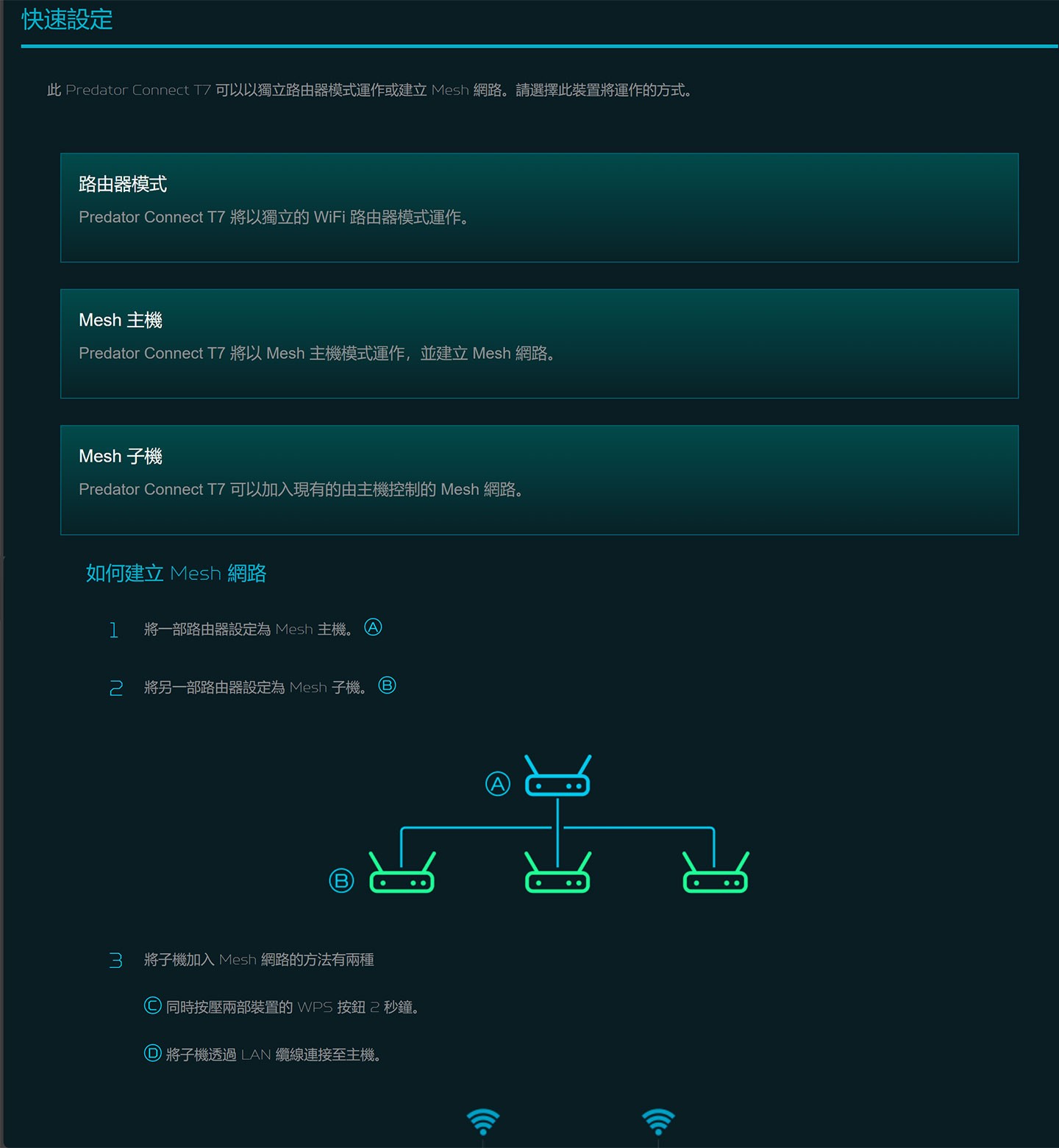 後台也有「快速設定」可以切換 Predator Connect T7 的運行模式與 Mesh 網路建構的詳細說明。