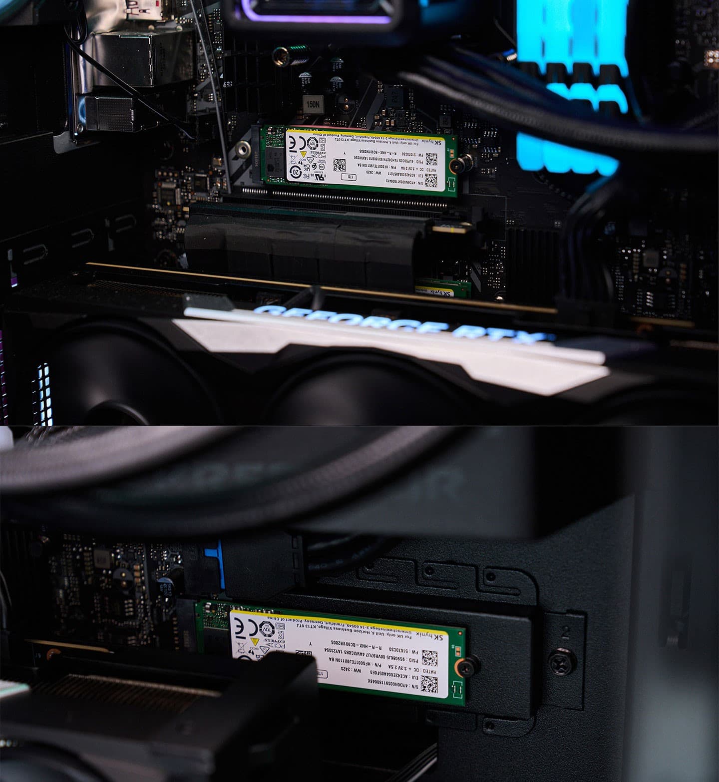 主機板上有兩組 M.2 SSD 插槽，無需拆卸顯卡就能夠安裝。