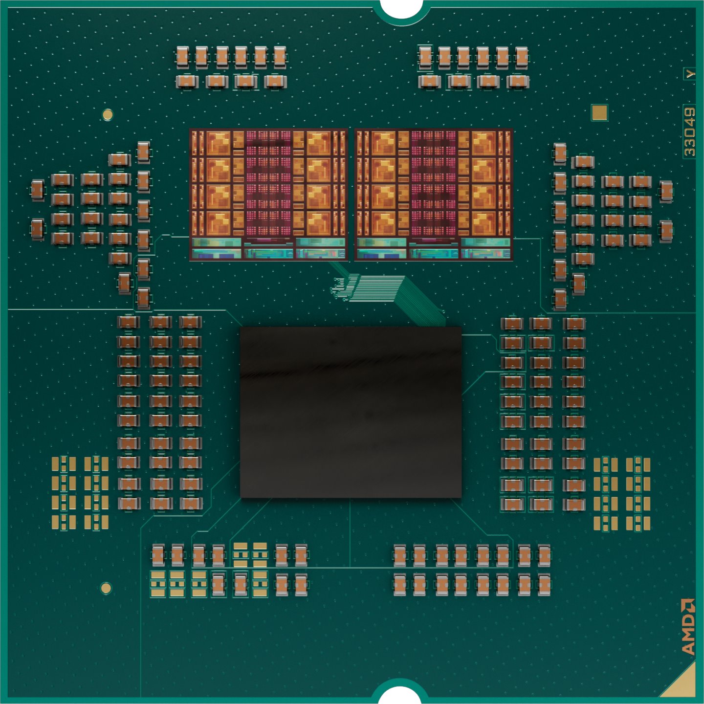 Ryzen 9 9950X3D的處理器渲染圖，由於3D V-Cache位於其中1組CCD下方，所以2組CCD的外觀並無不同。
