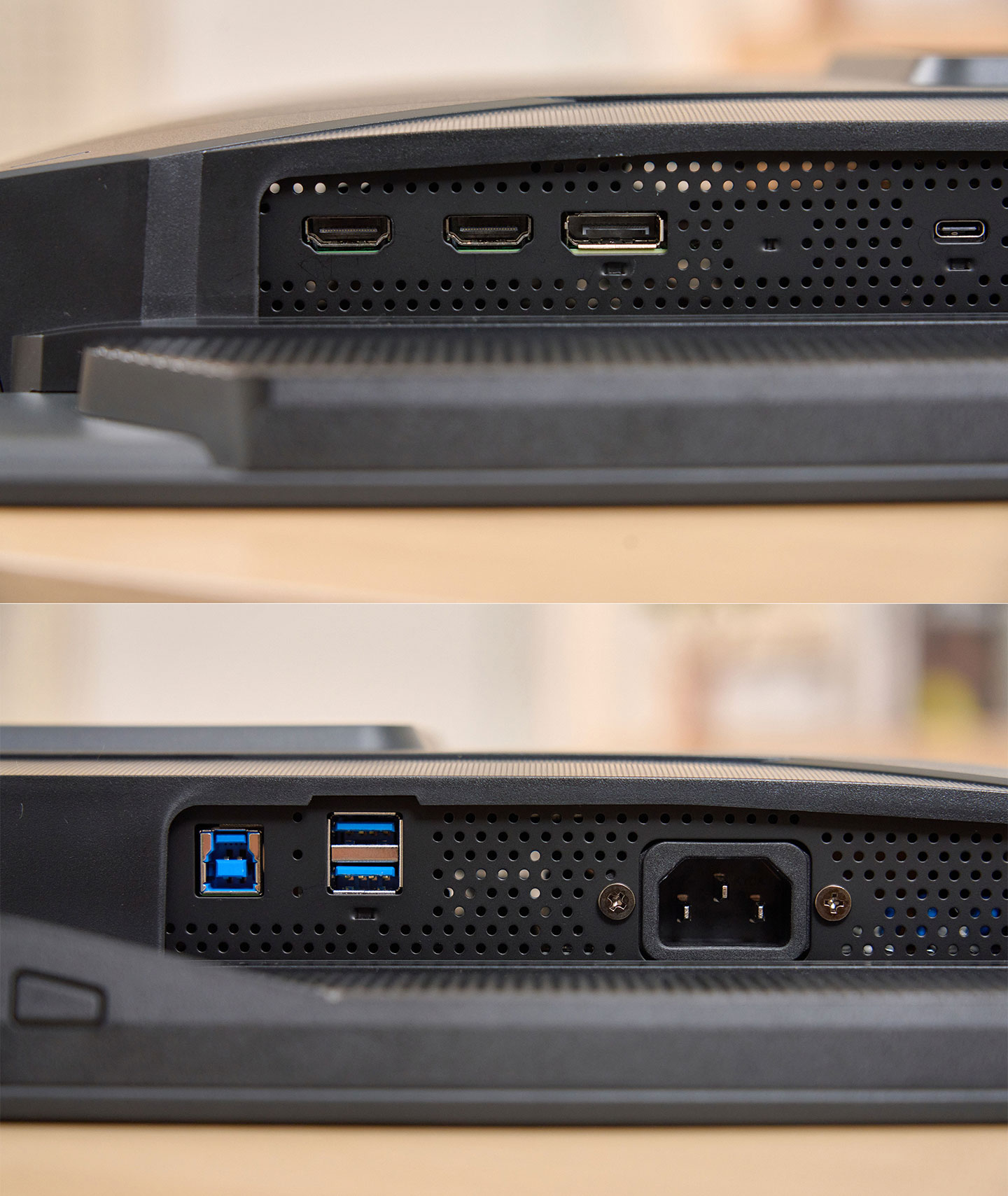 顯示器的連結埠設置在機身底部，左側可看到兩組 HDMI 2.1 與一組 DP 1.4 和 USB Type-C；右側則有連結電腦的 USB Type-B 與兩組支援 KVM 的 USB 3.2 Gen2 A 埠，同時也有電源接口連結至內置式的供電器。