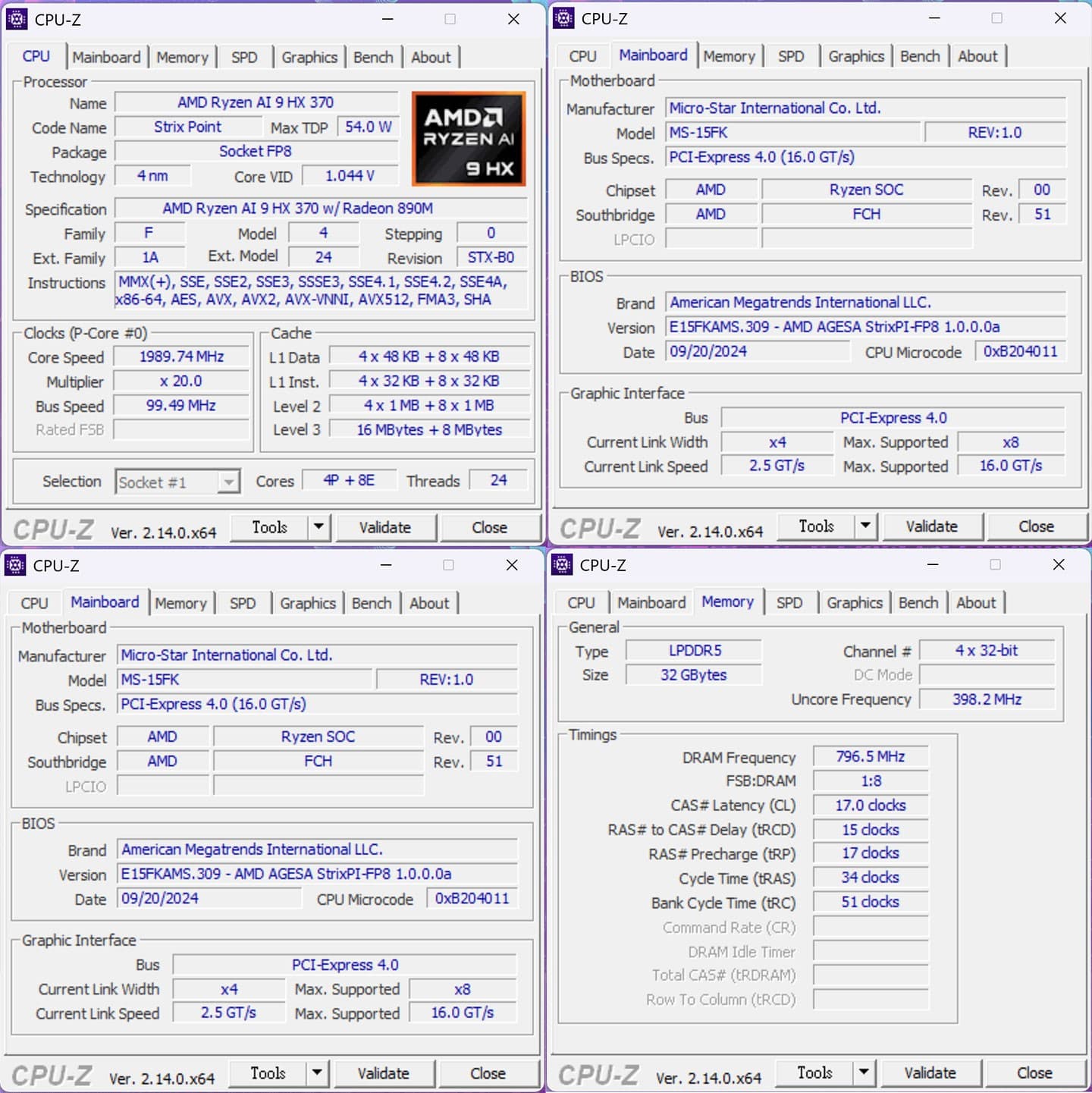 透過 CPU-Z 查看 AMD Ryzen AI 9 HX 370 處理器、主機板與記憶體的詳細資訊。