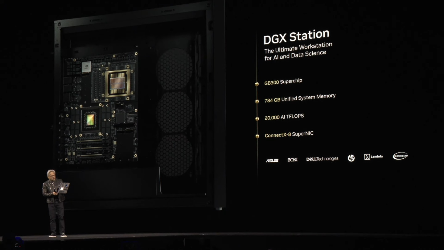 DGX Station搭載GB300 Superchip運算單元以及ConnectX-8 SuperNIC網路卡，並具有784 GB記憶體。