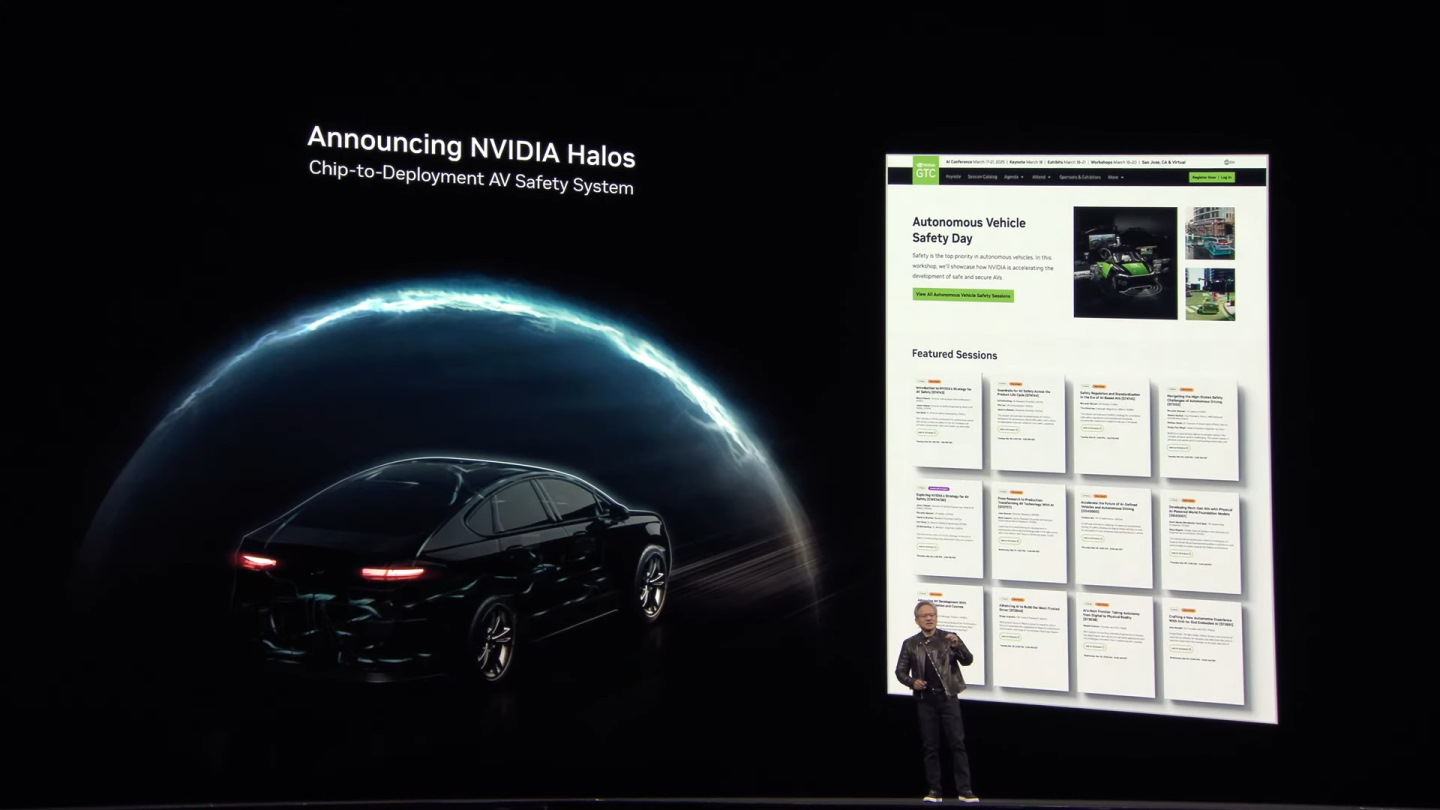 NVIDIA也發表Halos自動駕駛安全系統堆疊，提供從雲端到車輛的整合式安全開發環境。